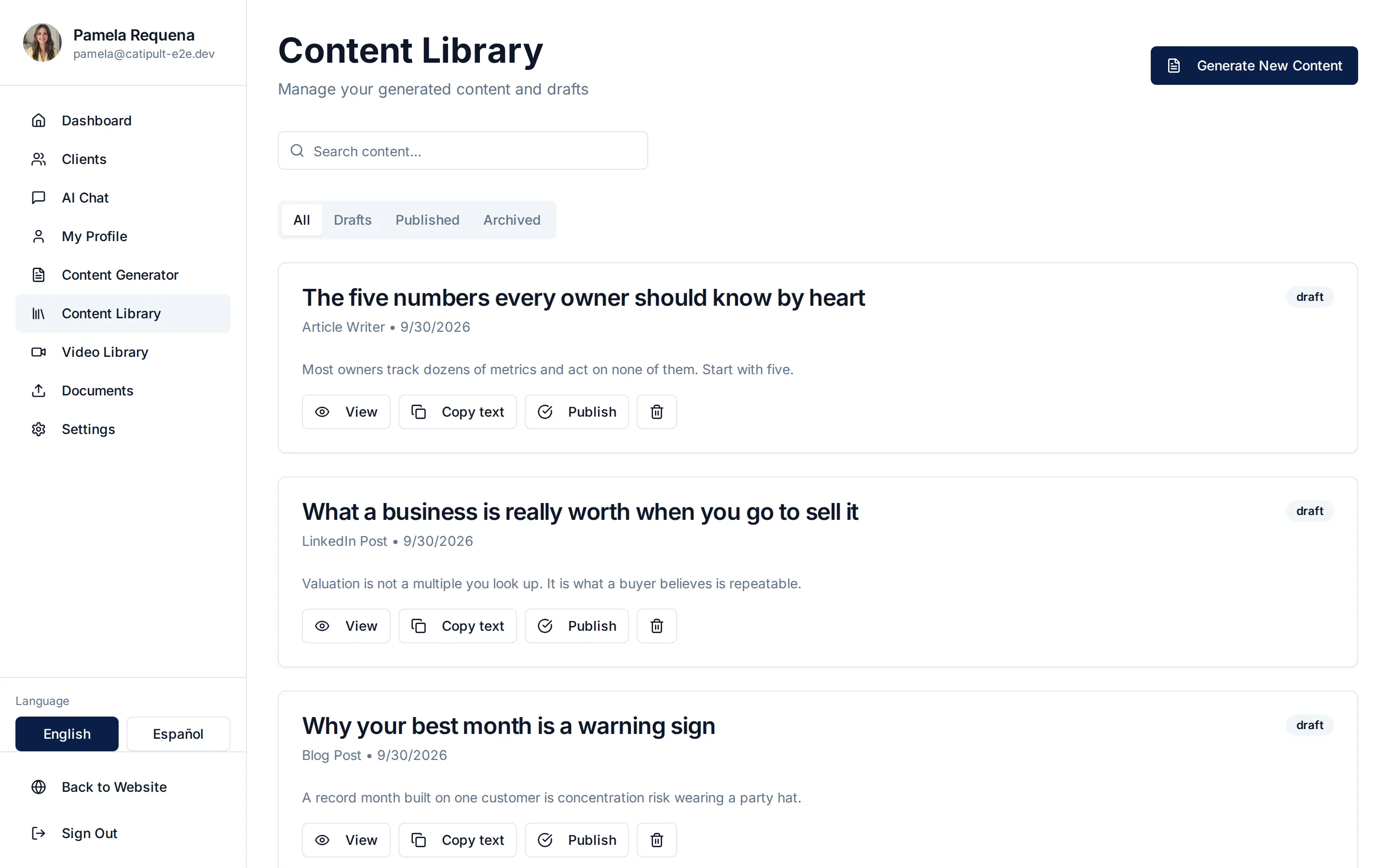 Catipult content generator for coaches with content type, source text and instructions