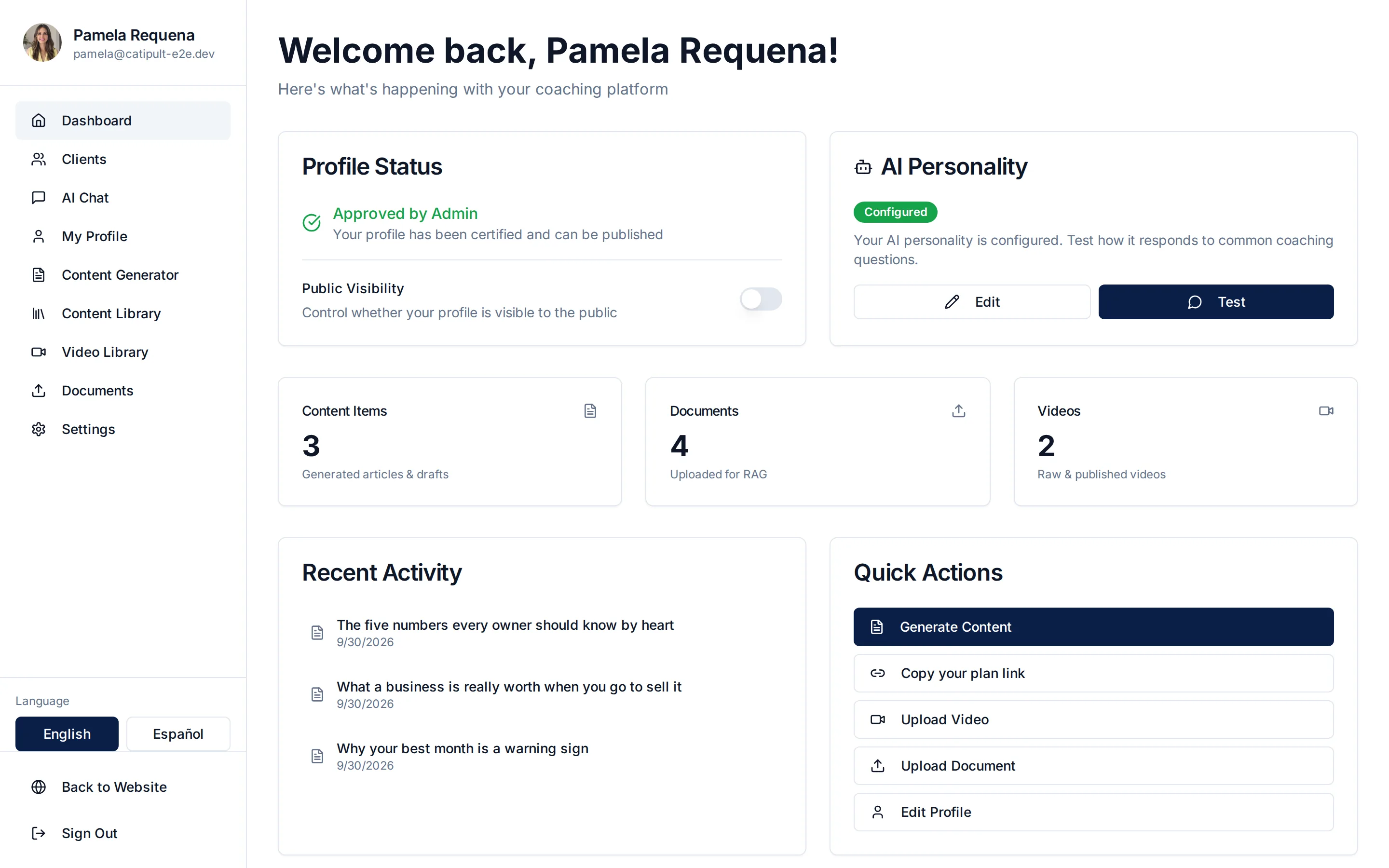 Coach dashboard in Catipult showing profile status, AI personality, content, documents, videos and quick actions