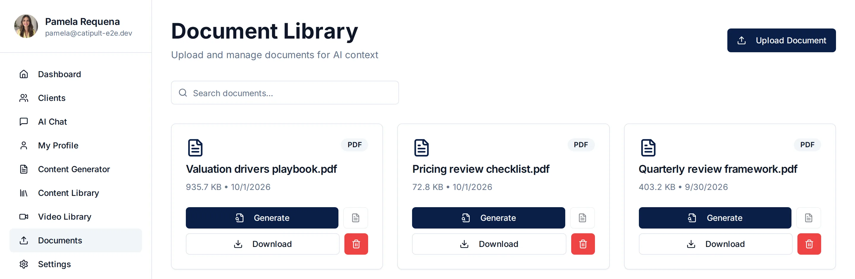 Document library in Catipult where coaches upload playbooks and methodology notes for the AI