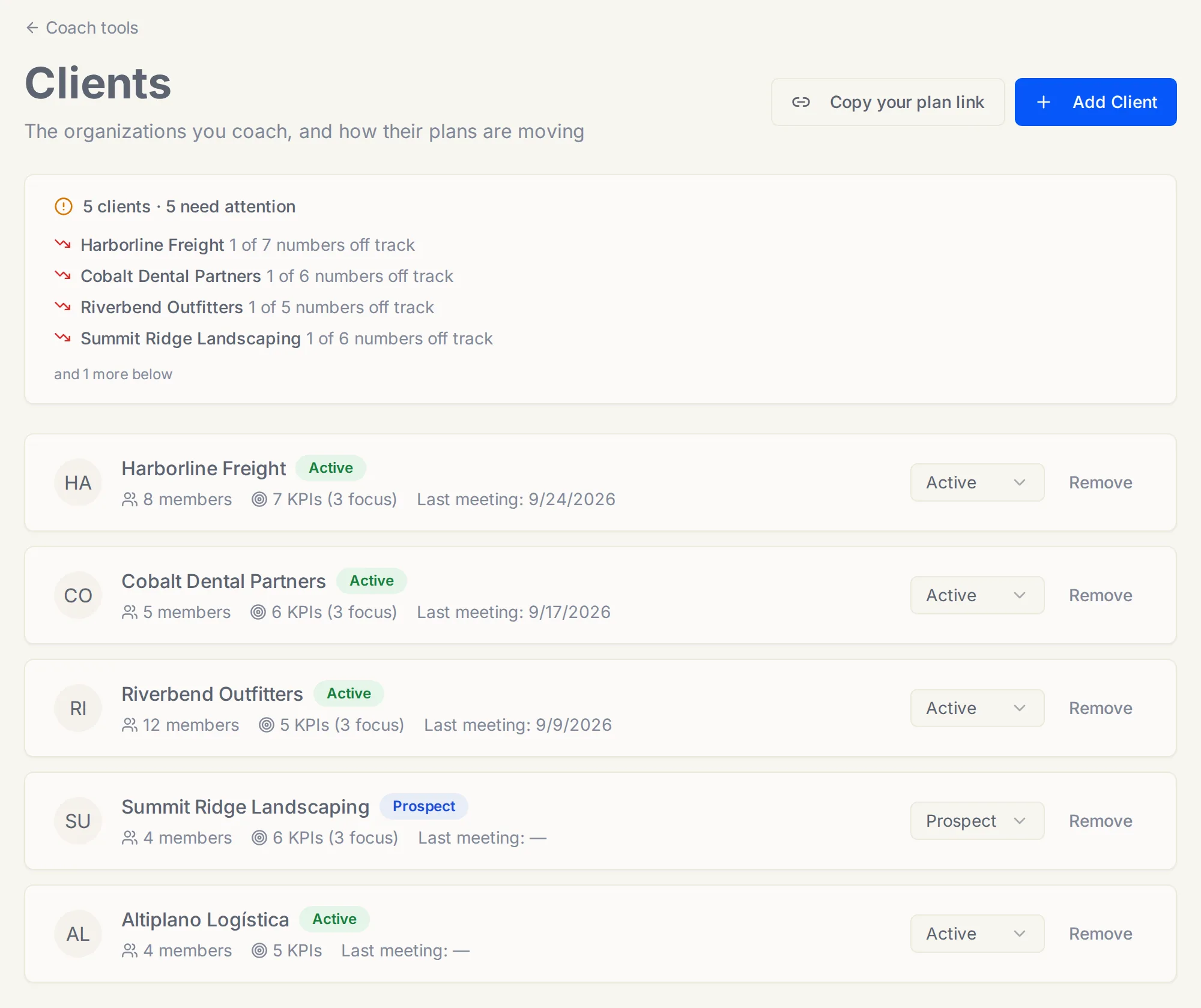 Client list in the Catipult coach portal with prospect, active and paused clients and attention flags